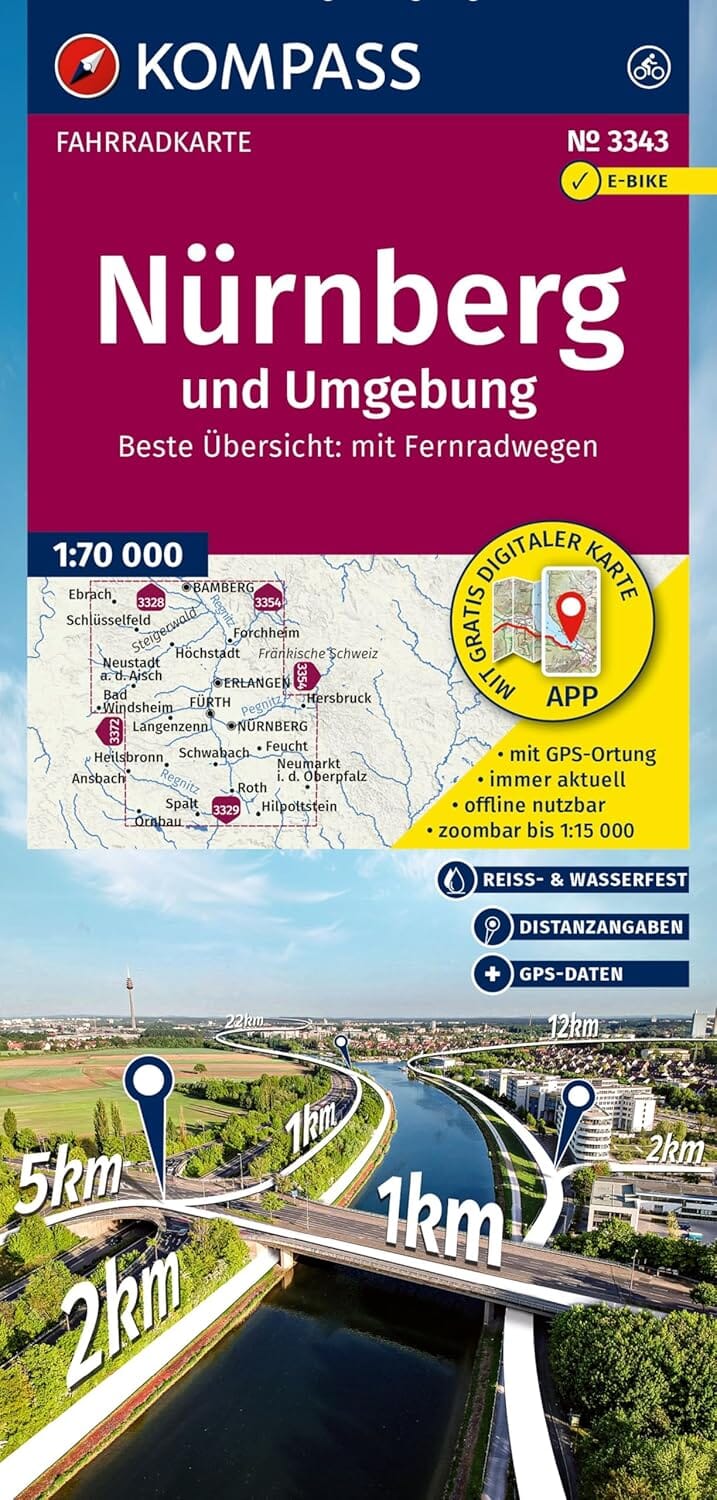 Carte cycliste n° F3343 - Nuremberg & environs (Allemagne) | Kompass carte cycliste Kompass
