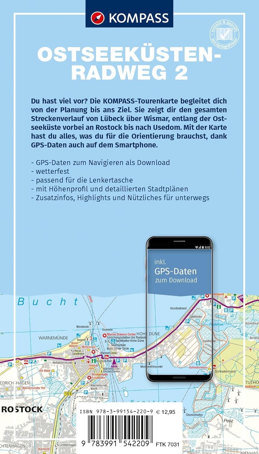 Carte cycliste n° F7031 - Piste cyclable de la Mer Baltique 2, de Lübeck à Usedom (Allemagne) | Kompass carte cycliste Kompass