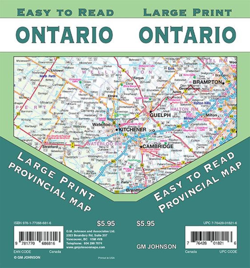 Carte de la province de l'Ontario (gros caractères) | GM Johnson carte pliée GM Johnson