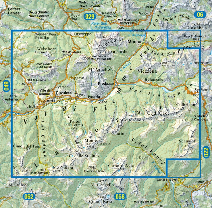 Carte de randonnée n° 14 - Vallée de Fiemme et chaînes de Lagorai et de Latemar (Dolomites, Italie) | Tabacco carte de randonnée Tabacco