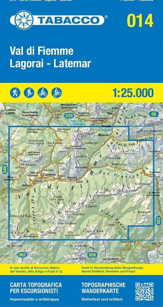 Carte de randonnée n° 14 - Vallée de Fiemme et chaînes de Lagorai et de Latemar (Dolomites, Italie) | Tabacco carte de randonnée Tabacco
