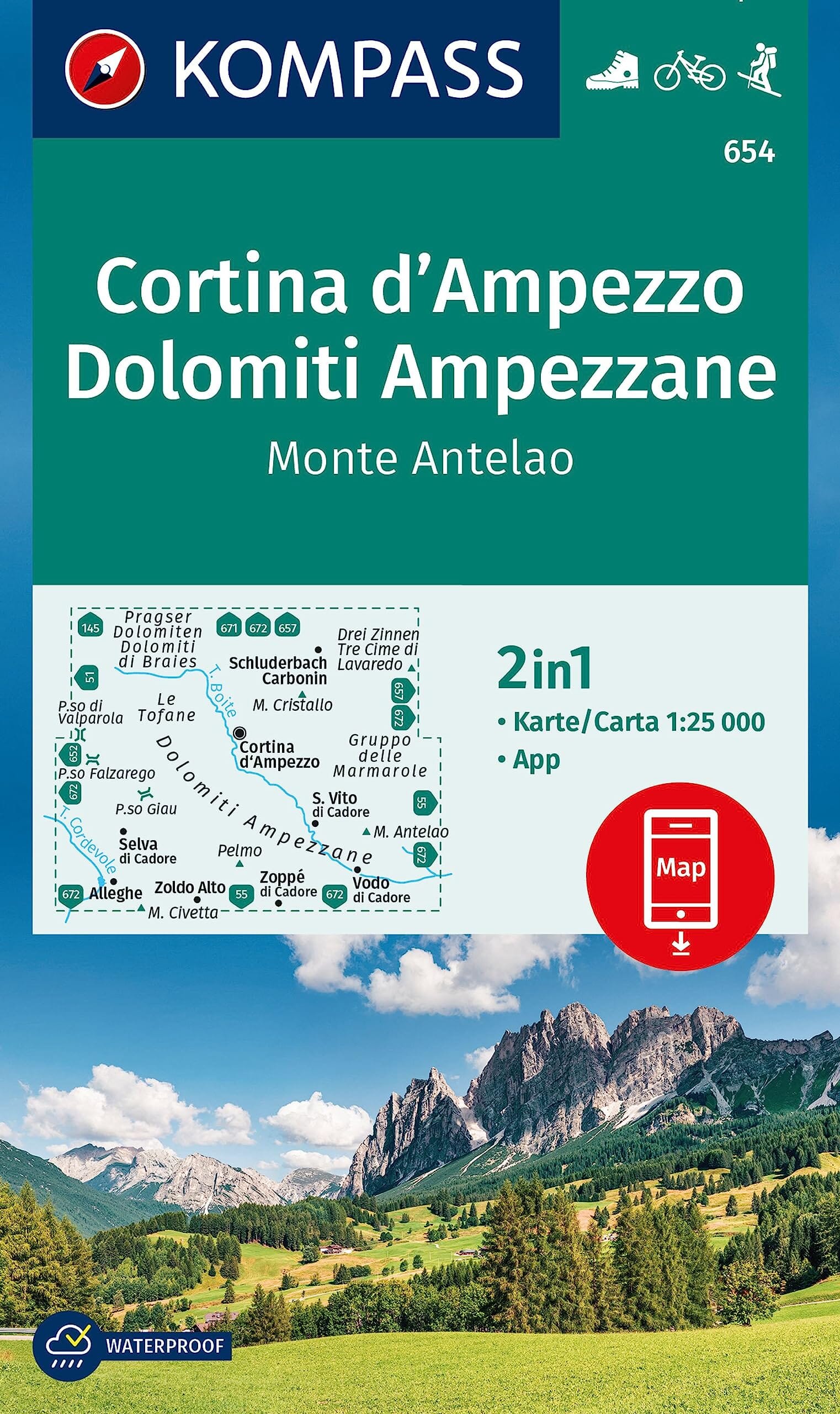 Carte de randonnée n° 654 - Cortina d'Ampezzo (Italie) | Kompass carte de randonnée Kompass