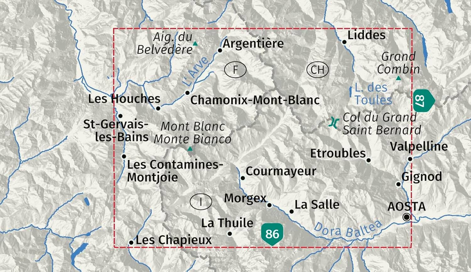 Carte de randonnée n° 85 - Mont Blanc, Chamonix, Courmayeur | Kompass carte de randonnée Kompass