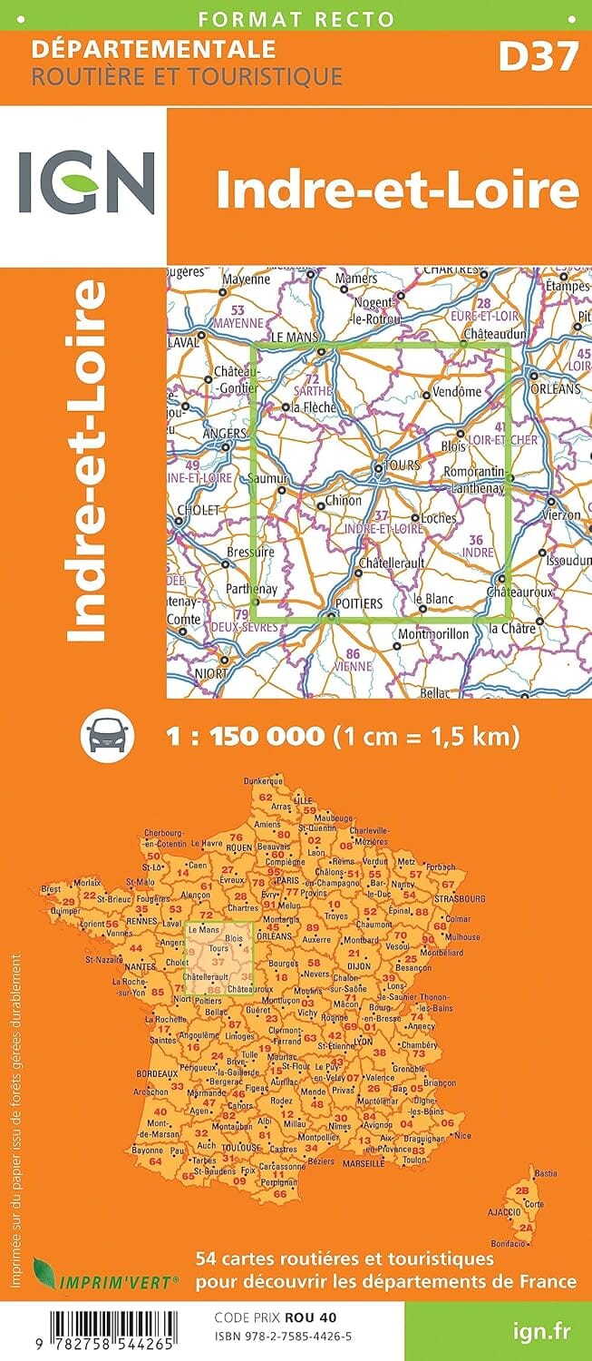 Carte départementale D37 - Indre-et-Loire | IGN carte routière IGN