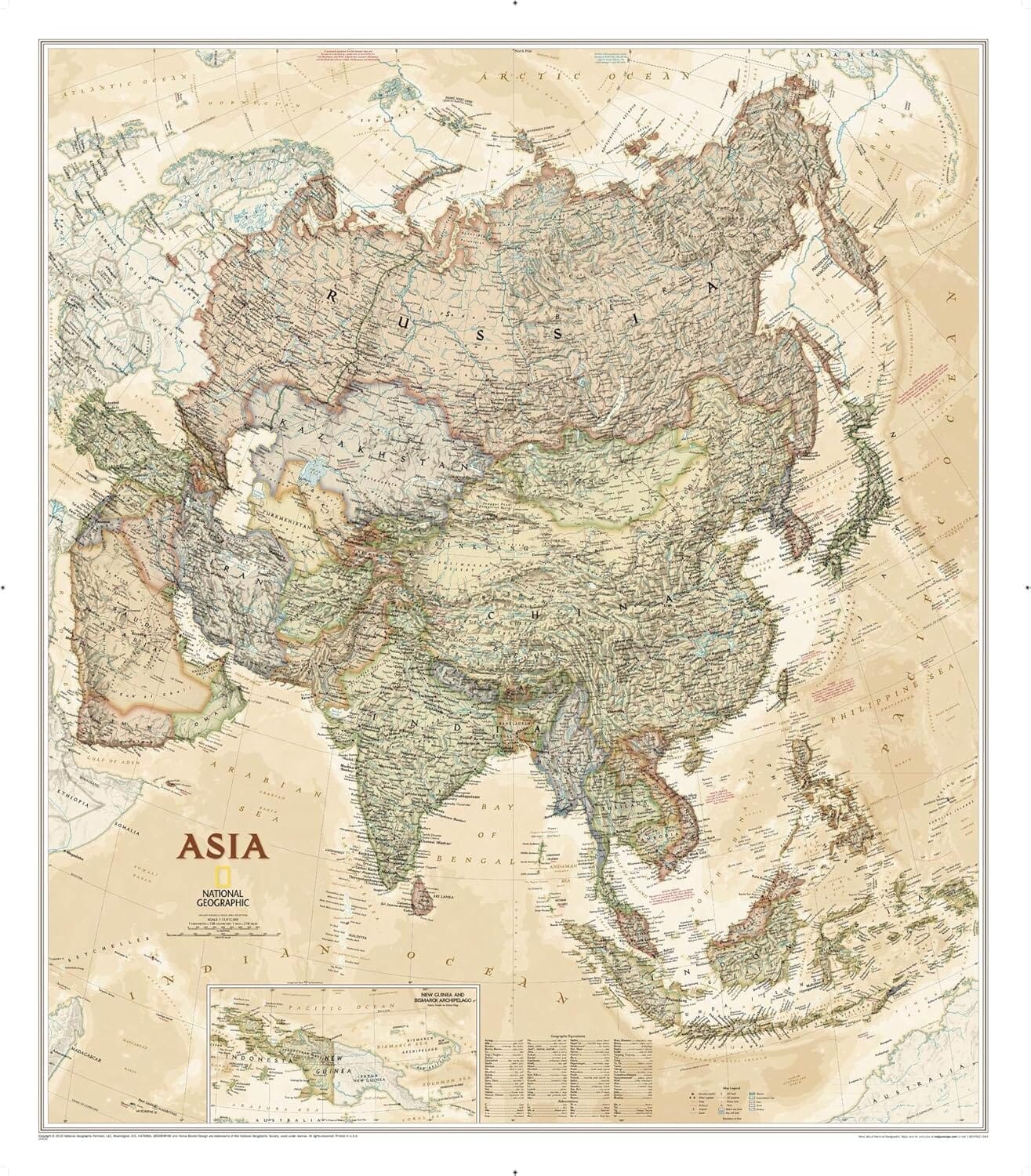 Carte murale (en anglais) - Asie politique, style antique - 85 x 96 cm | National Geographic carte murale roulée (en tube) National Geographic