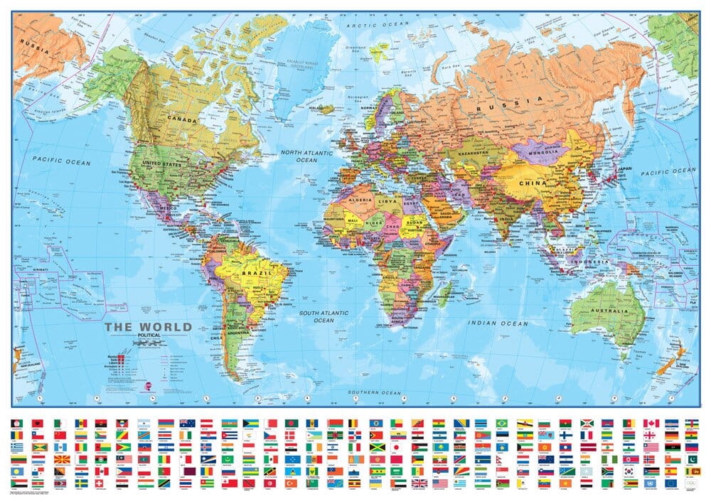 Carte murale (en anglais) - Monde politique, avec bande de drapeaux - 1/40M (103 x 74 cm) | Maps International carte murale roulée (en tube) Maps International