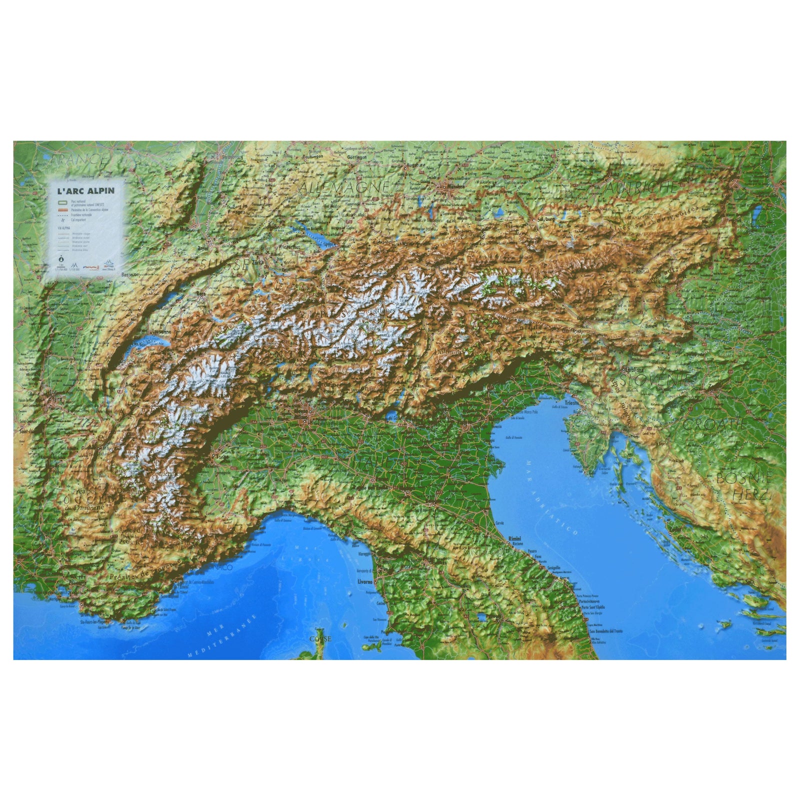 Carte murale en relief - Arc Alpin - 61 cm x 41 cm | 3D Map carte en relief 3D Map
