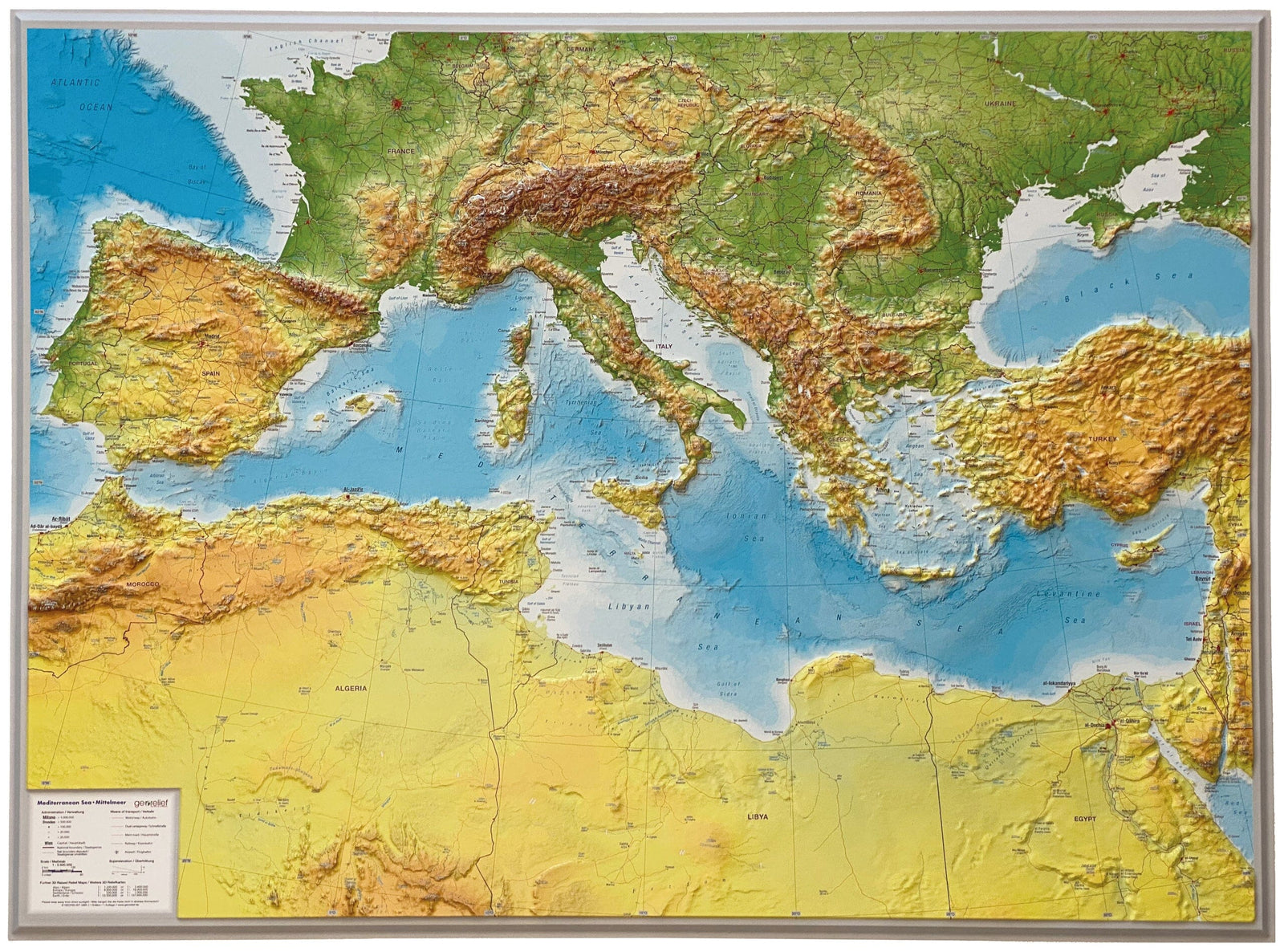 Carte murale en relief - Mer Méditerranée (en anglais) - 77 x 57 cm | Georelief carte en relief Georelief Sans cadre