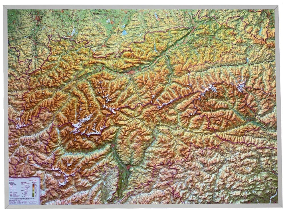 Carte murale en relief - Tyrol (en anglais), avec cadre aluminium - 77 x 57 cm | Georelief carte en relief Georelief