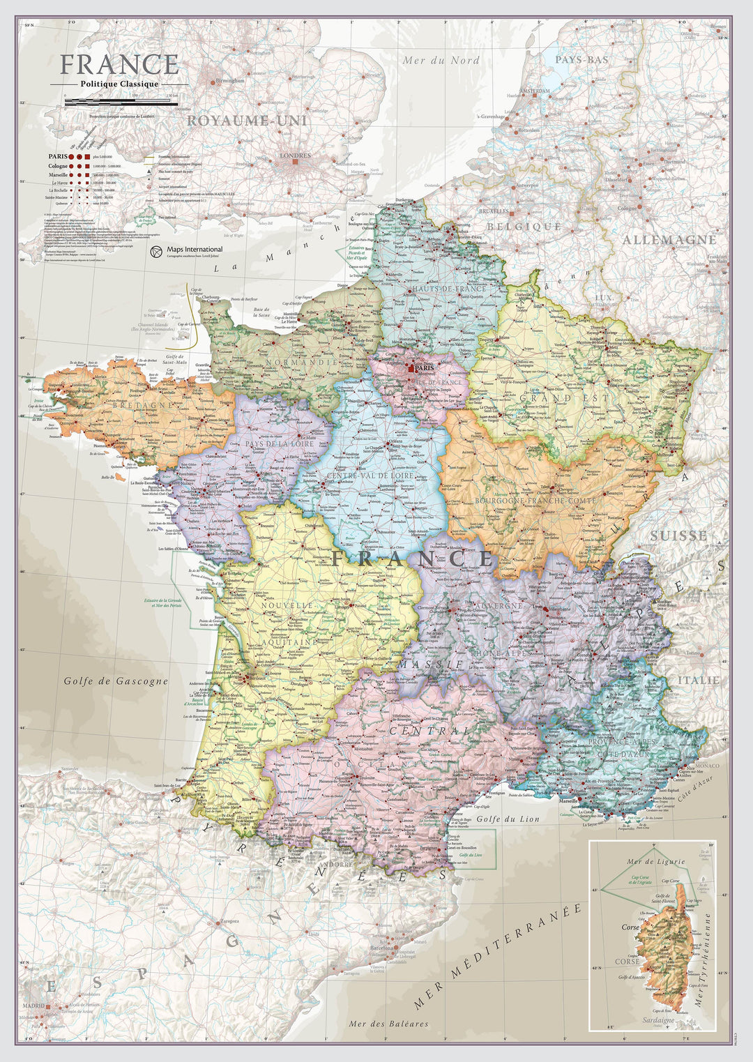 Carte murale - France administrative, style classique - 42 x 60 cm | Maps International carte murale roulée (en tube) Maps International