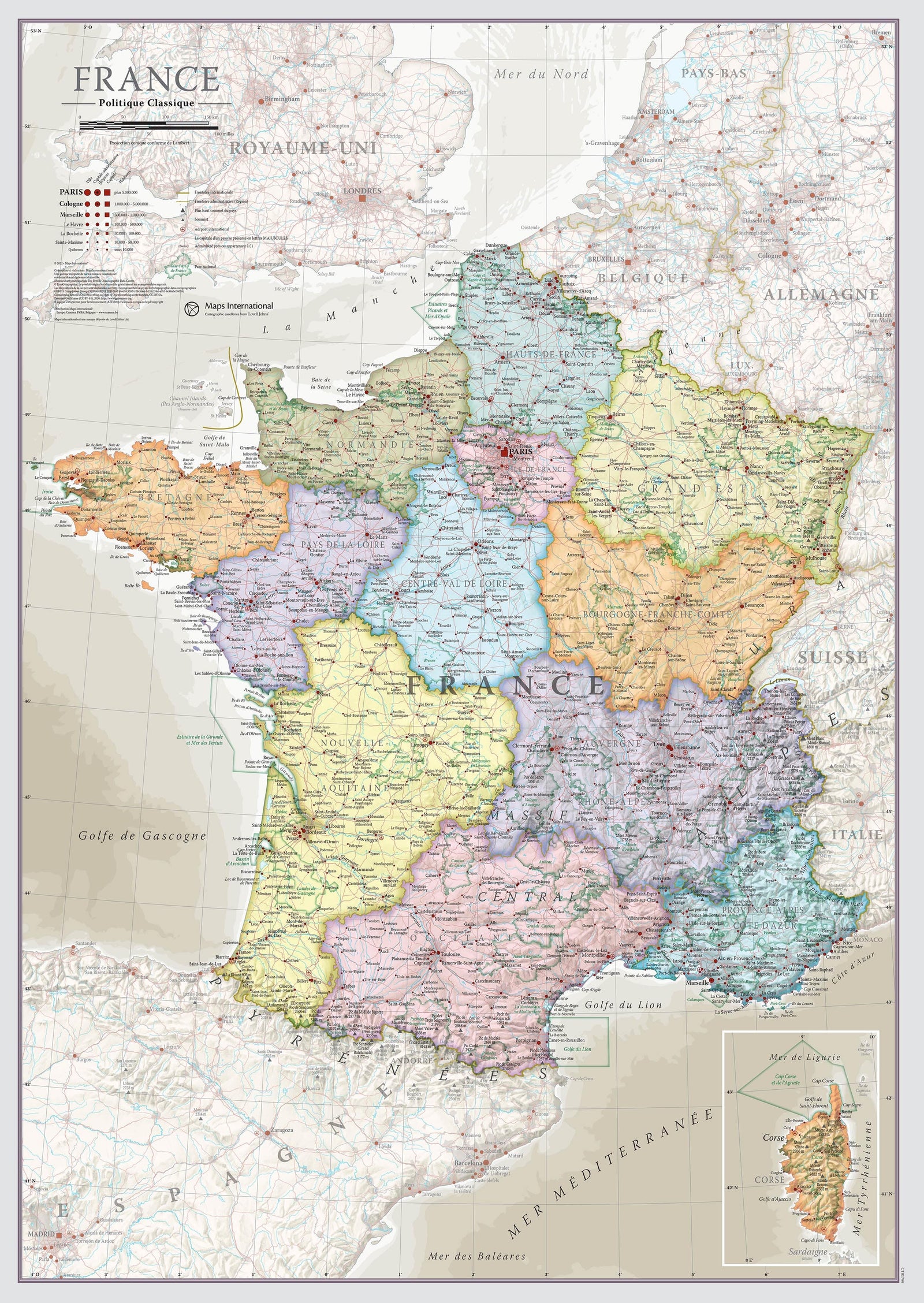 Carte murale - France administrative, style classique - 42 x 60 cm | Maps International carte murale roulée (en tube) Maps International