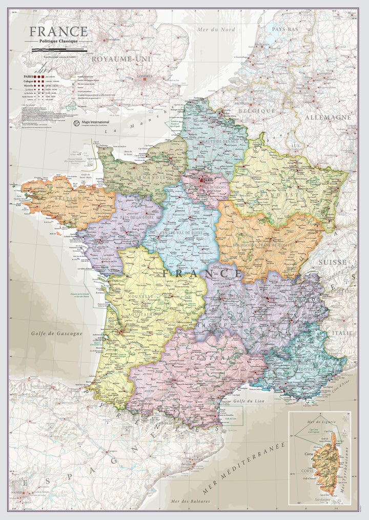 Carte murale - France administrative, style classique - 42 x 60 cm | Maps International carte murale roulée (en tube) Maps International
