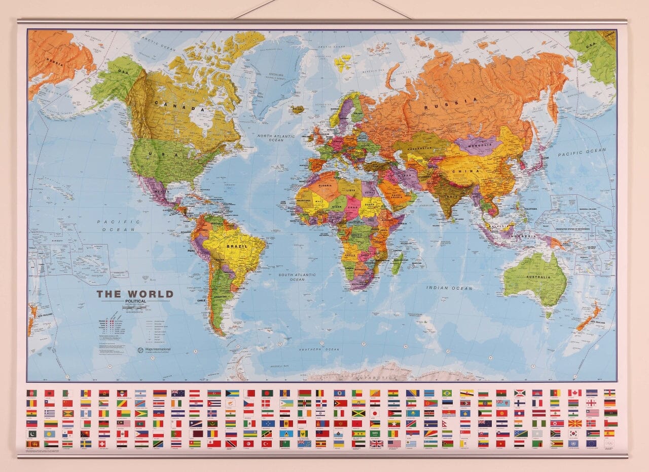 Carte murale plastifiée (en anglais) - Monde politique, avec lattes métalliques de maintien - 1/30M (136 x 100 cm) | Maps International carte murale roulée (en tube) Maps International