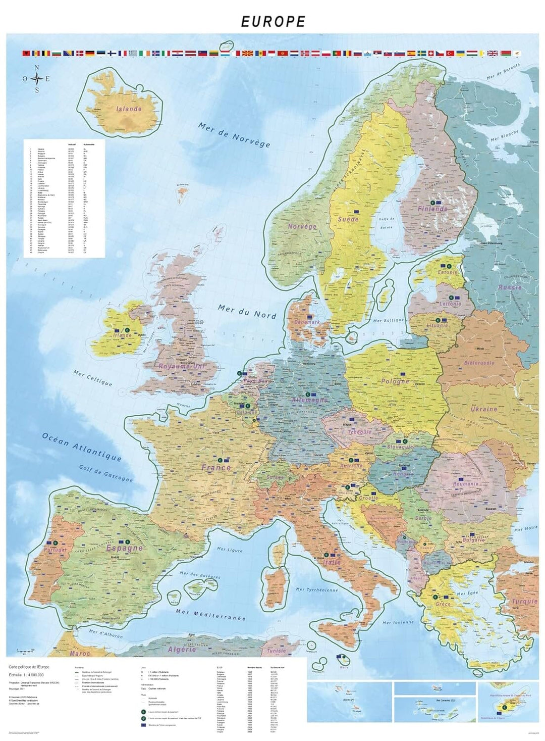 Carte murale plastifiée - Europe politique (90 x 122,5 cm), avec baguettes de maintien en bois | GeoMetro carte murale roulée (en tube) GeoMetro