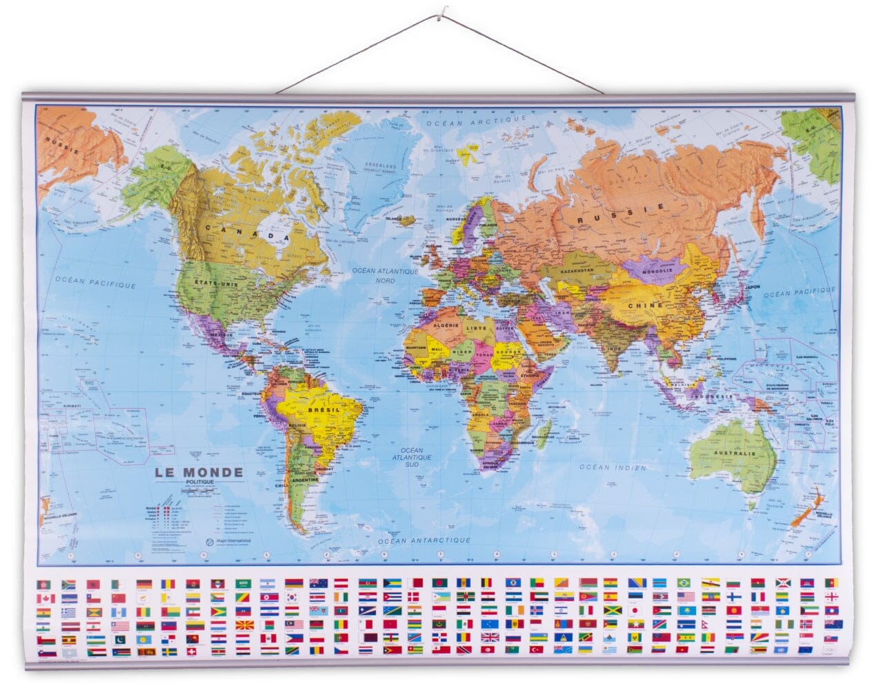 Carte murale plastifiée - Monde politique, avec lattes métalliques de maintien - 1/40 M (103 x 74 cm) | Maps International carte murale roulée (en tube) Maps International