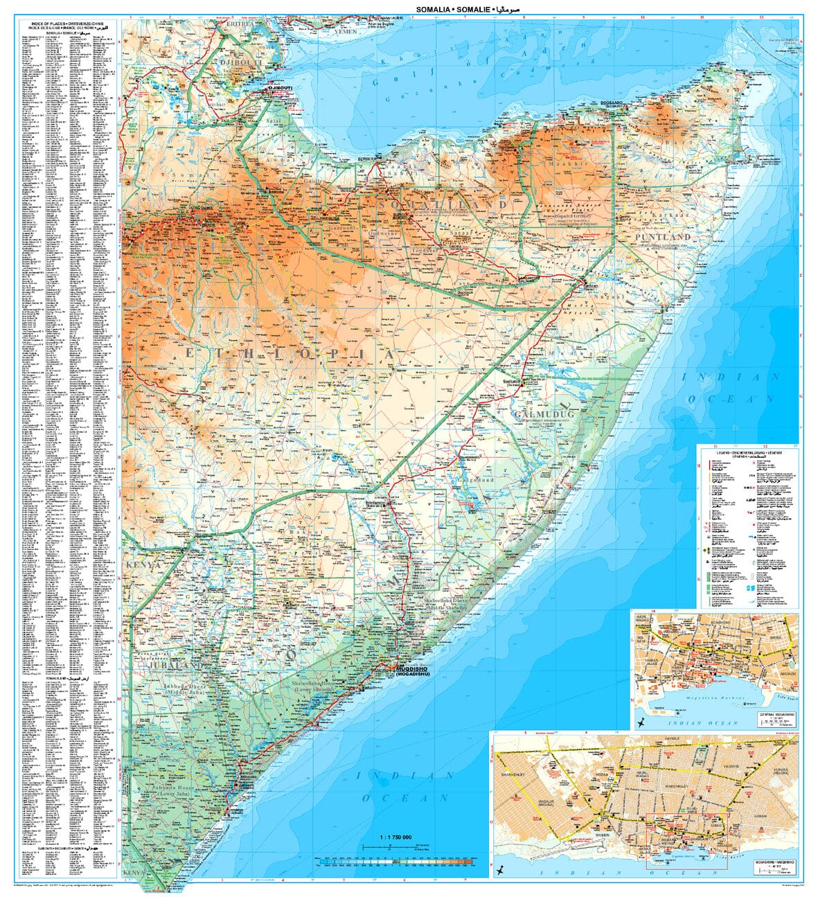 Carte murale plastifiée - Somalie (géographique) - 86 x 94 cm | Gizi Map carte murale roulée (en tube) Gizi Map