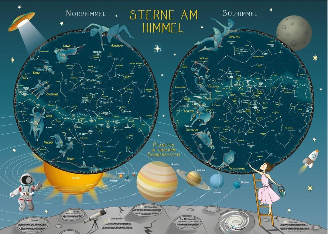 Carte murale pour enfants (en anglais) - Stars in the Sky (100 x 70 cm) | Huber carte murale petit tube Huber