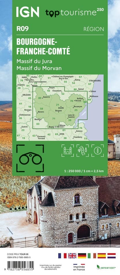 Carte régionale n° 9 : Bourgogne & Franche Comté - VERSION MURALE ET PLASTIFIEE | IGN carte murale roulée (en tube) IGN