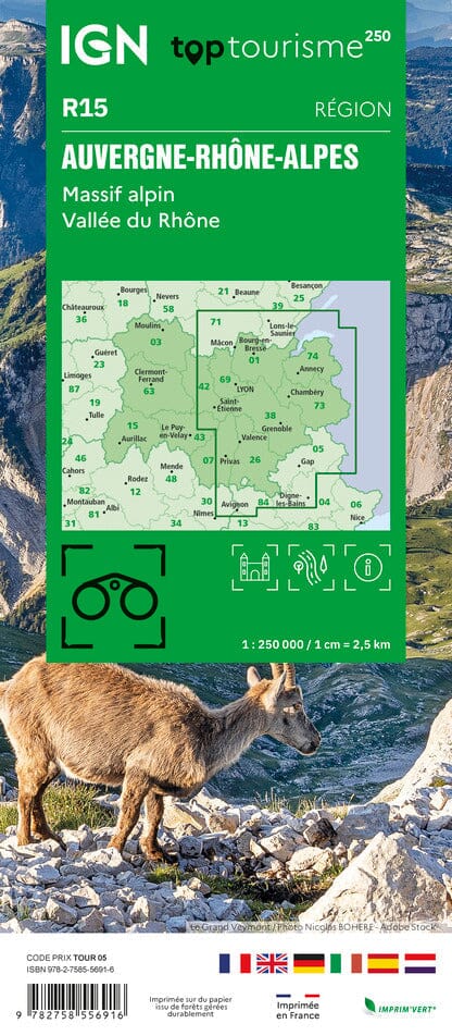 Carte régionale TOP 250 n° 15 - Auvergne-Rhône-Alpes (Massif Alpin, Vallée du Rhône) | IGN carte routière IGN
