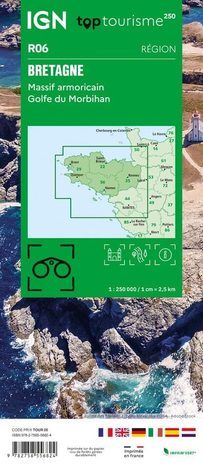 Carte régionale TOP 250 n° 6 - Bretagne, Massif Armoricain, Golfe du Morbihan | IGN carte routière IGN