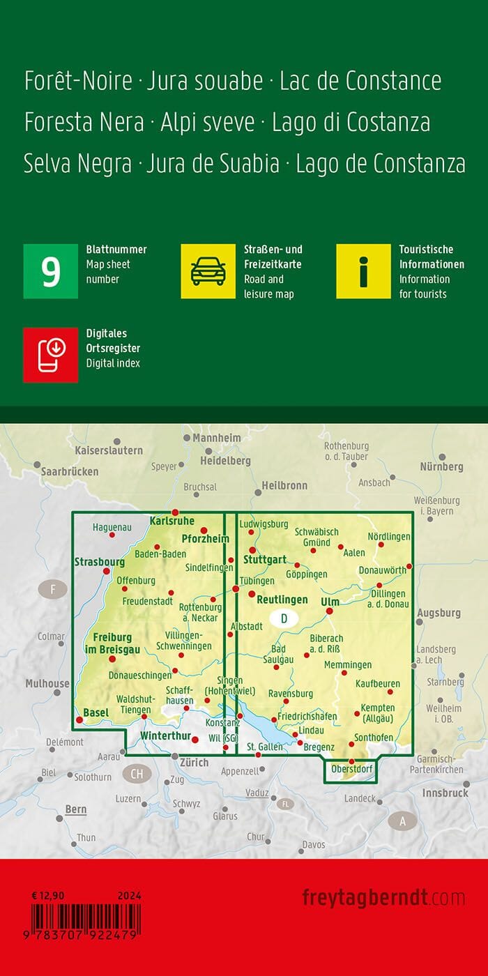 Carte routière n° 9 (Allemagne) - Forêt Noire, Jura souabe, lac de Constance (Allemagne) | Freytag & Berndt - 1/150 000 carte routière Freytag & Berndt