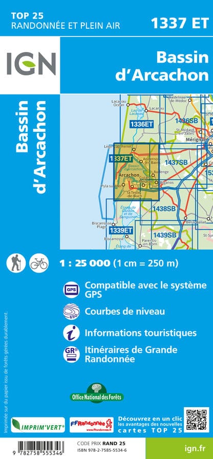 Carte TOP 25 n° 1337 ET - Bassin d'Arcachon - VERSION MURALE ET PLASTIFIEE | IGN carte murale roulée (en tube) IGN