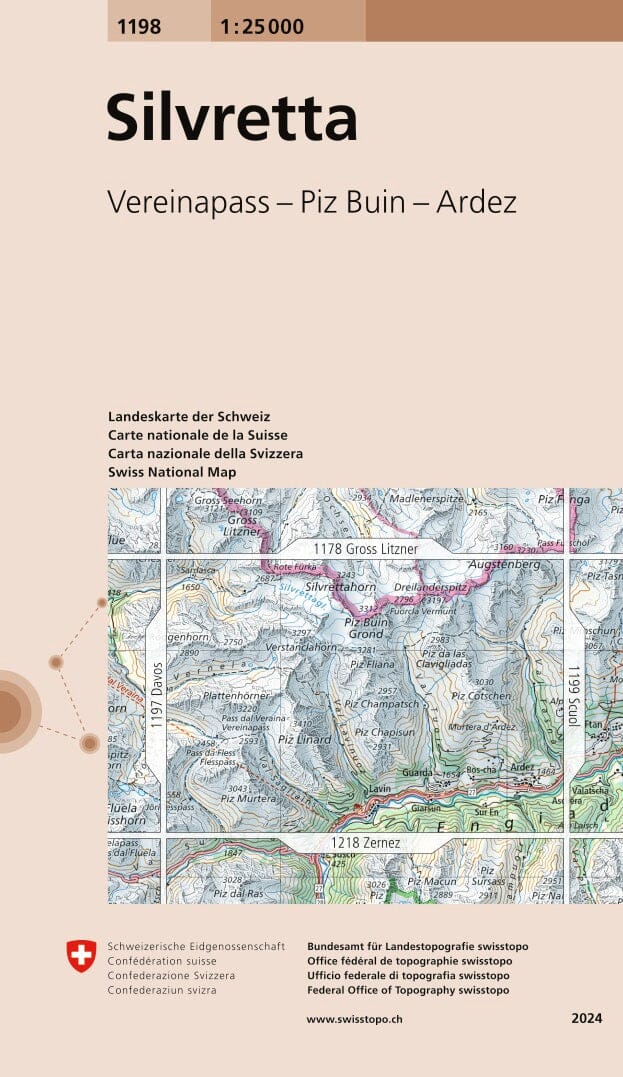 Carte topographique n° 1198 - Silvretta (Suisse) | Swisstopo - 1/25 000 carte de randonnée Swisstopo