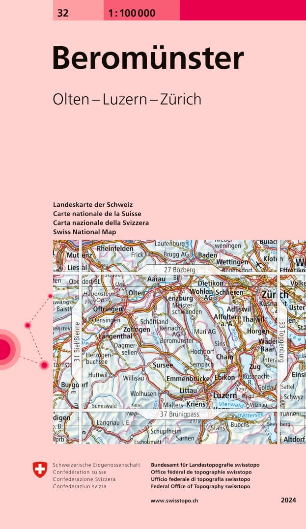 Carte topographique n° 32 - Beromünster (Suisse) | Swisstopo - 1/100 000 carte routière Swisstopo