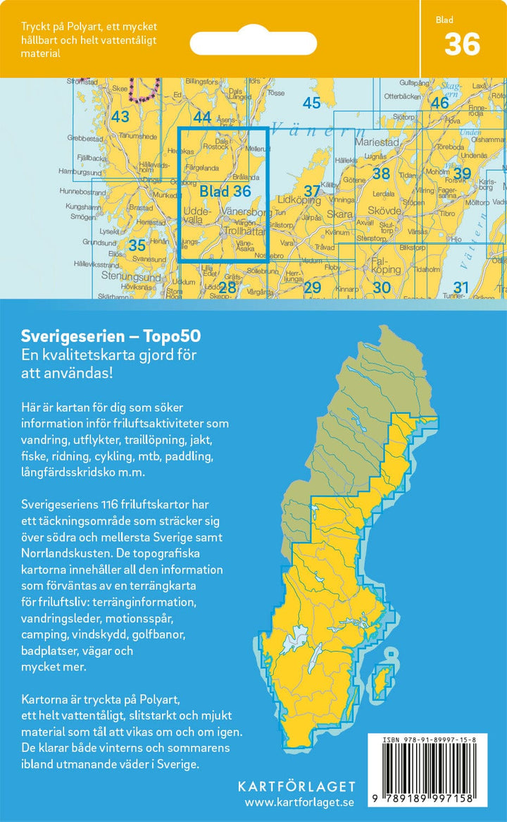 Carte topographique n° 36 - Trollhättan (Suède) | Norstedts - Sverigeserien carte de randonnée Norstedts