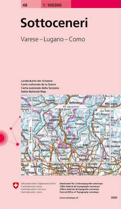 Carte topographique n° 48 - Sotto Ceneri (Suisse) | Swisstopo - 1/100 000 carte routière Swisstopo