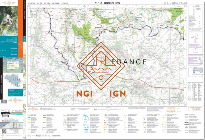 Carte topographique n° 51/1-2 - Honnelles (Belgique) | NGI topo 25 carte de randonnée IGN Belgique