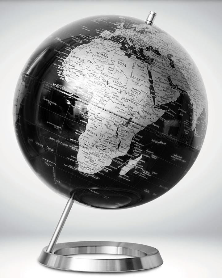 Globe noir & argent incliné de diamètre 30 cm, pied chromé (en français) globe Cartotheque Egg