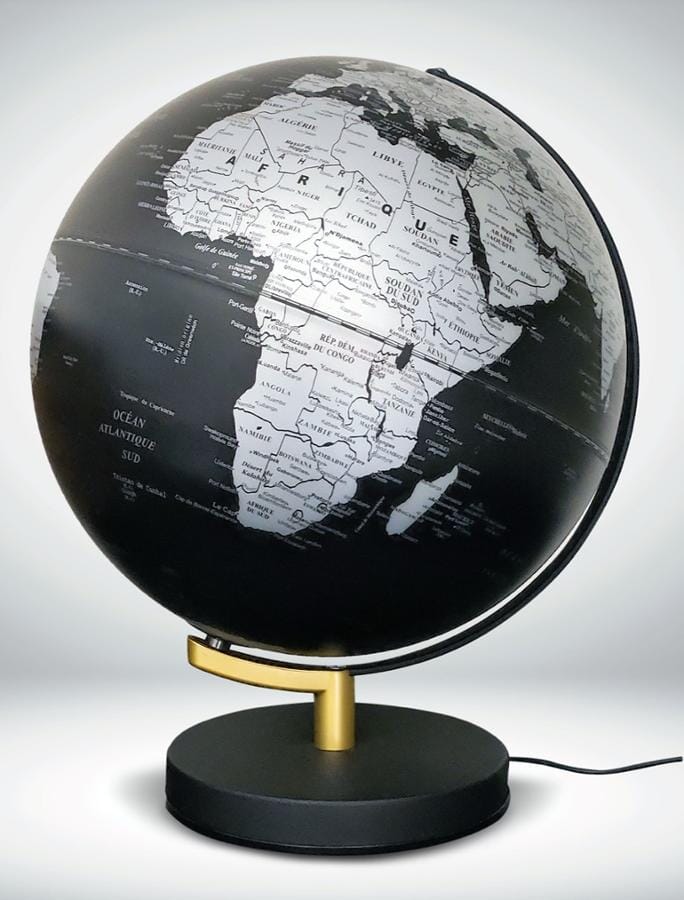 Globe noir lumineux de diamètre 30 cm, pied noir et doré (en français) globe Cartotheque Egg