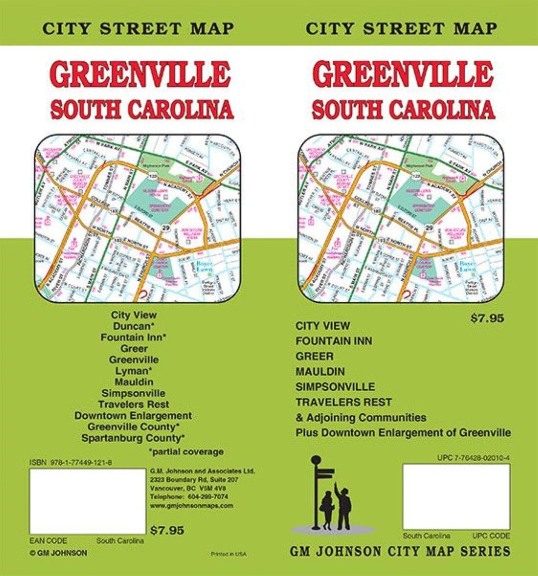 Plan des rues - Greenville, Caroline du Sud | GM Johnson carte pliée GM Johnson