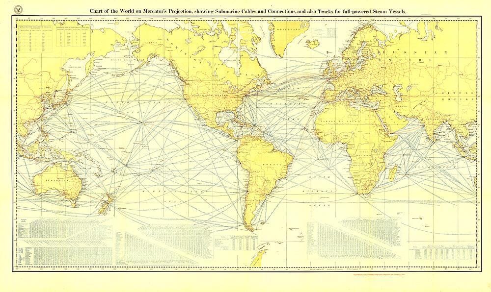 1905 Chart of the World on Mercator's Projection Wall Map