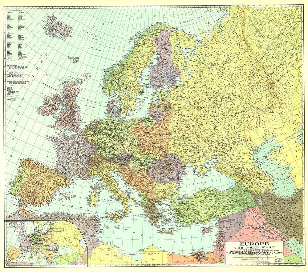 1929 Europe, and the Near East Map Wall Map