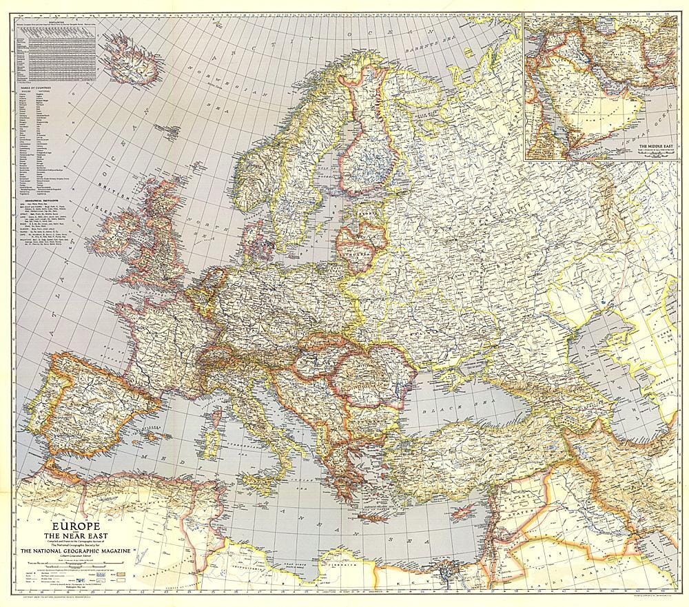 1940 Europe and the Near East Map Wall Map