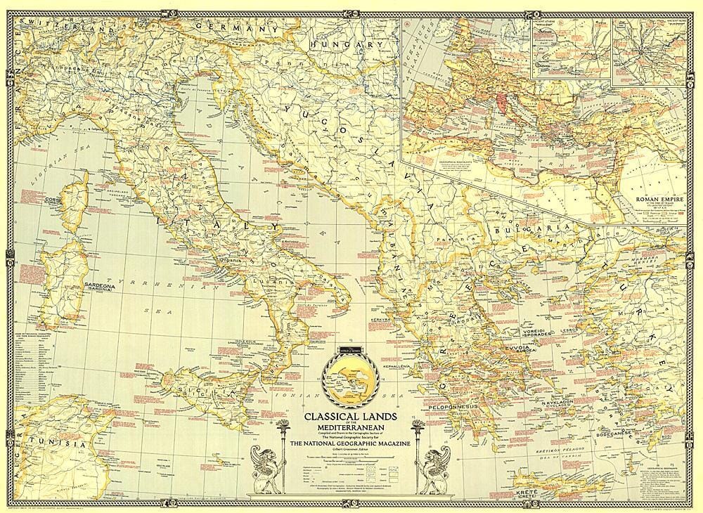 1940 Classical Lands of the Mediterranean Map Wall Map
