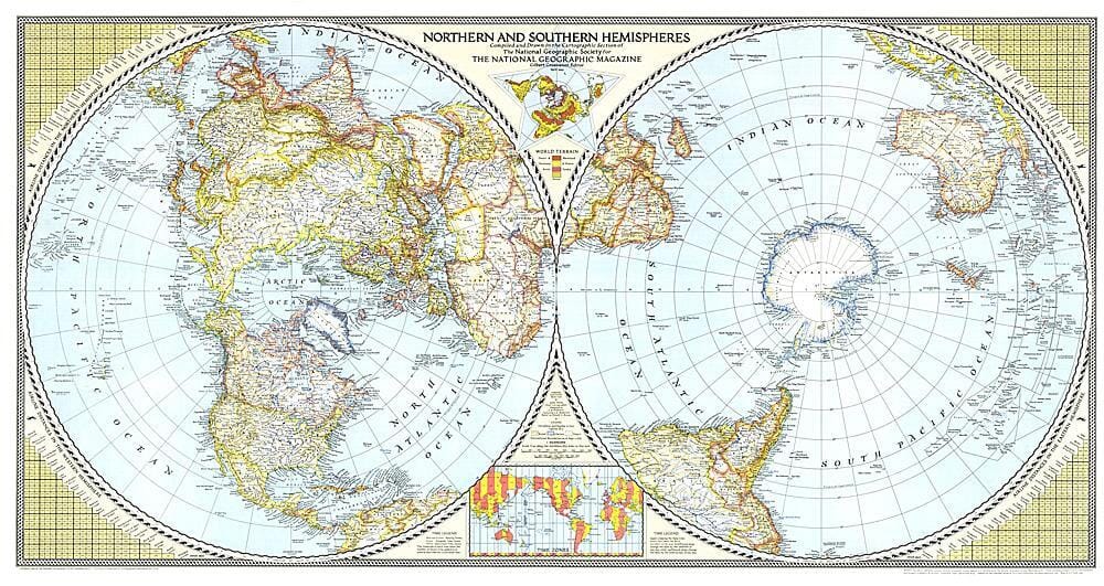 1943 Northern and Southern Hemispheres Map Wall Map