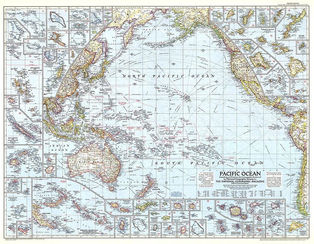 1952 Pacific Ocean Map Wall Map