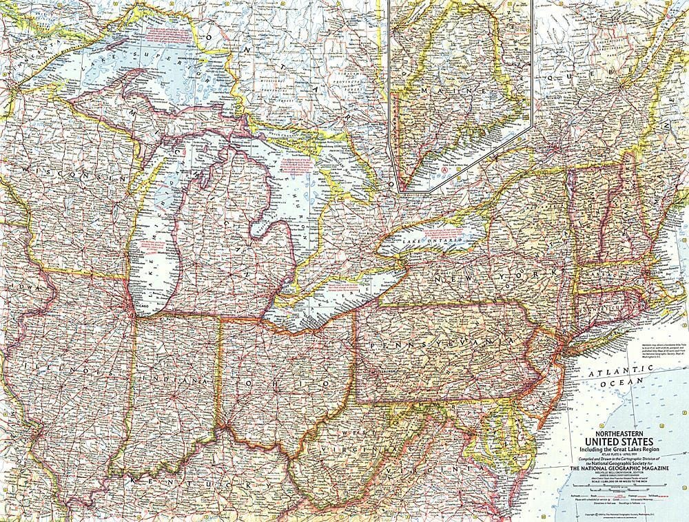 1959 Northeastern United States Map Wall Map