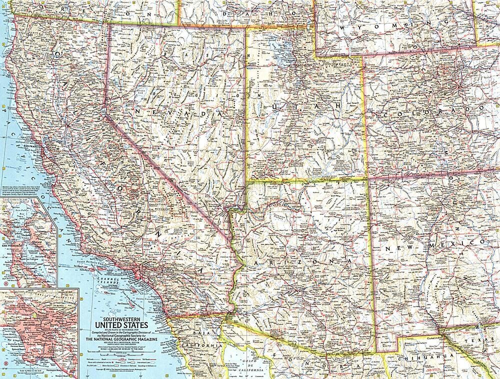 1959 Southwestern United States Map Wall Map