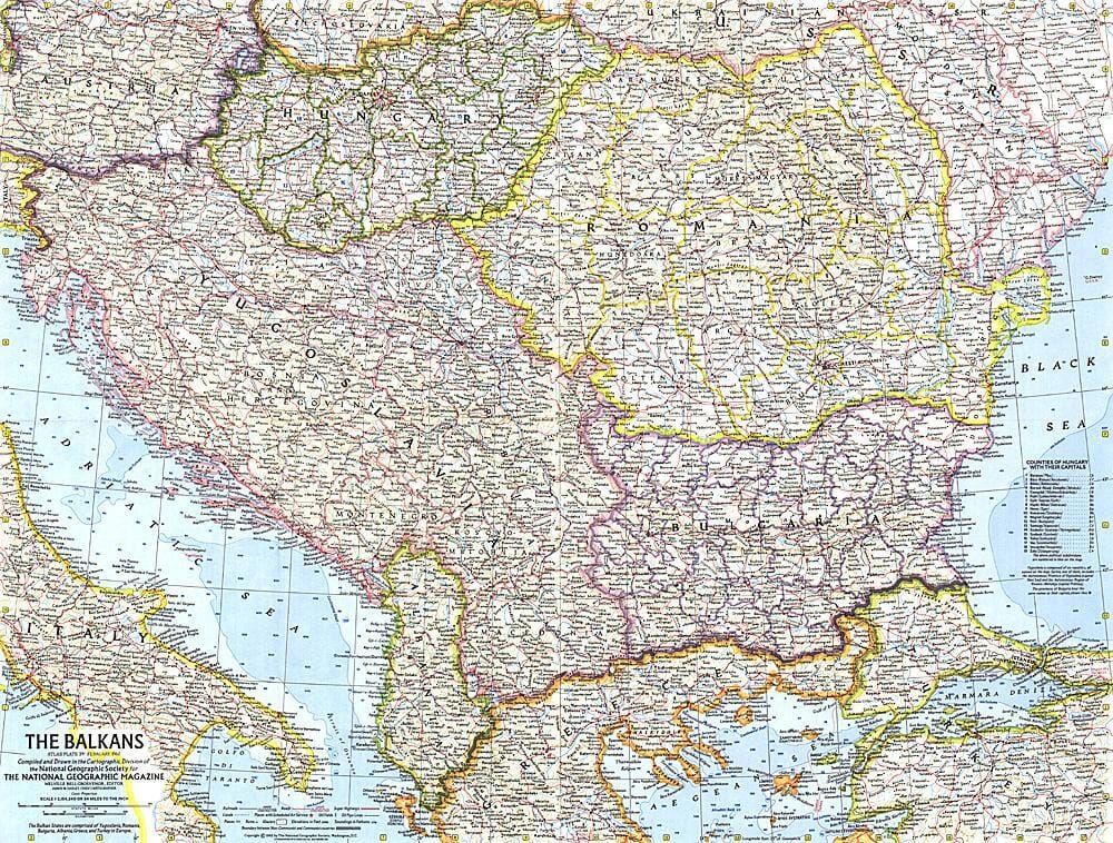 1962 The Balkans Map Wall Map
