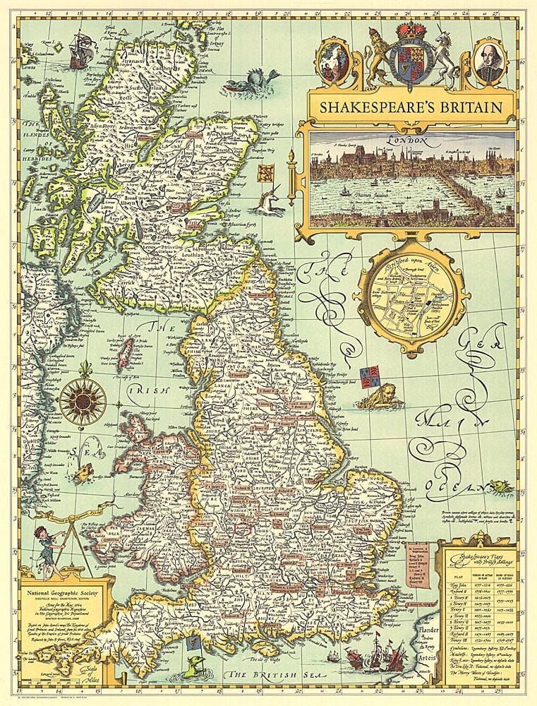 1964 Shakespeares Britain Map Wall Map
