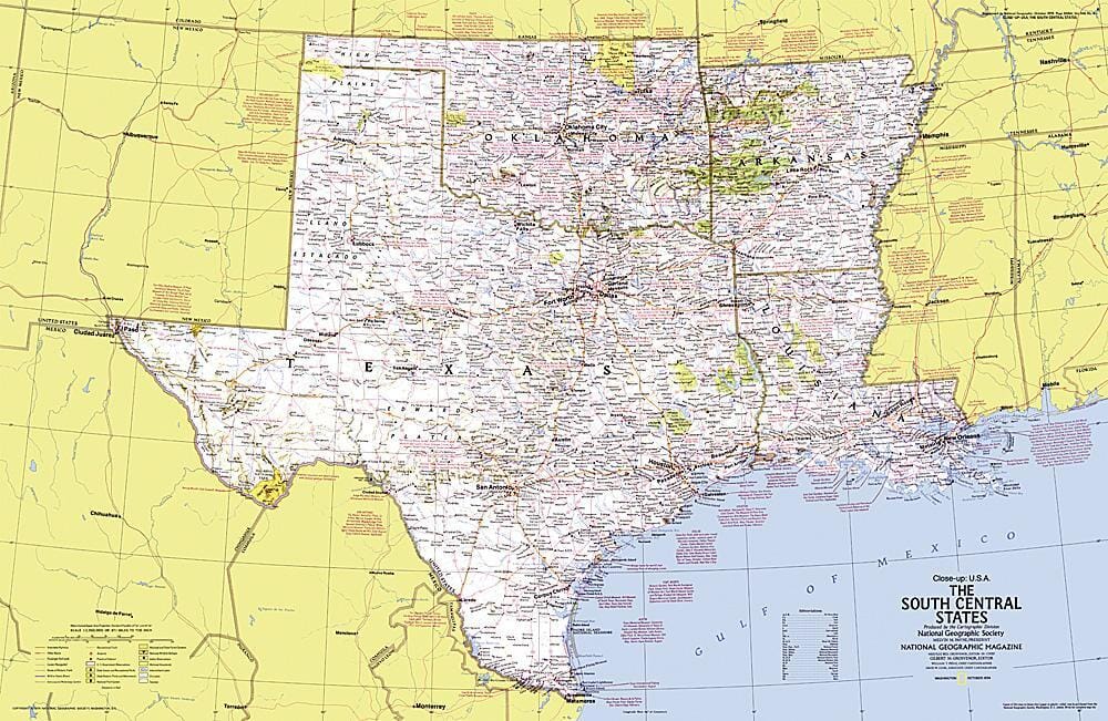 1974 Close-up USA, South Central States Map Wall Map