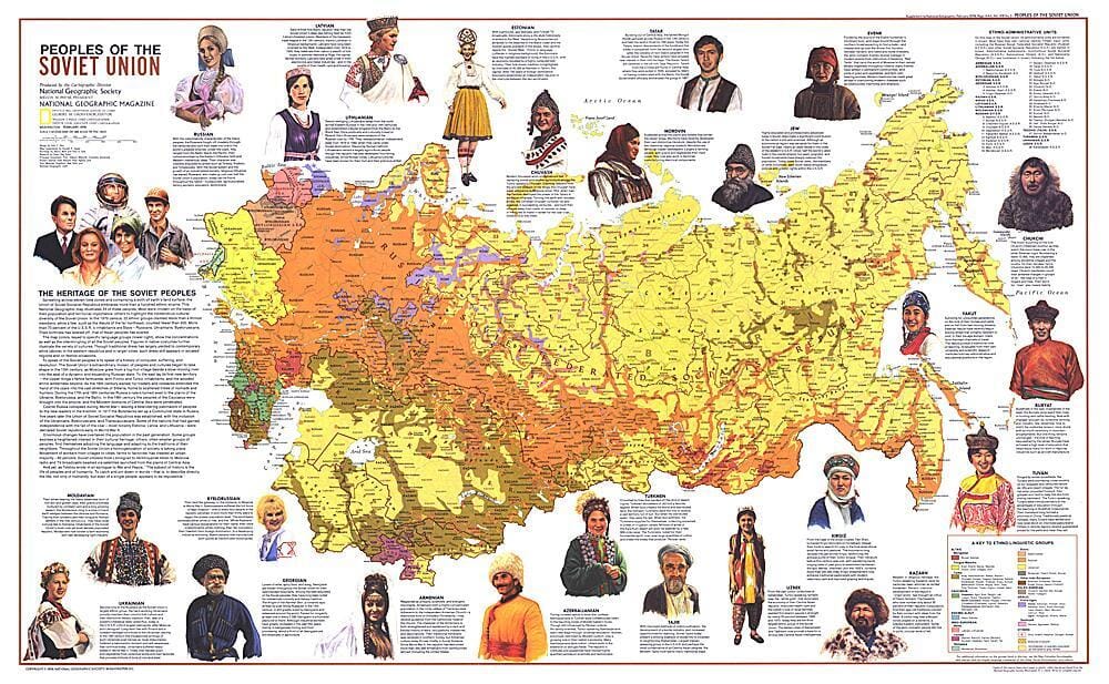 1976 Peoples of the Soviet Union Map Wall Map