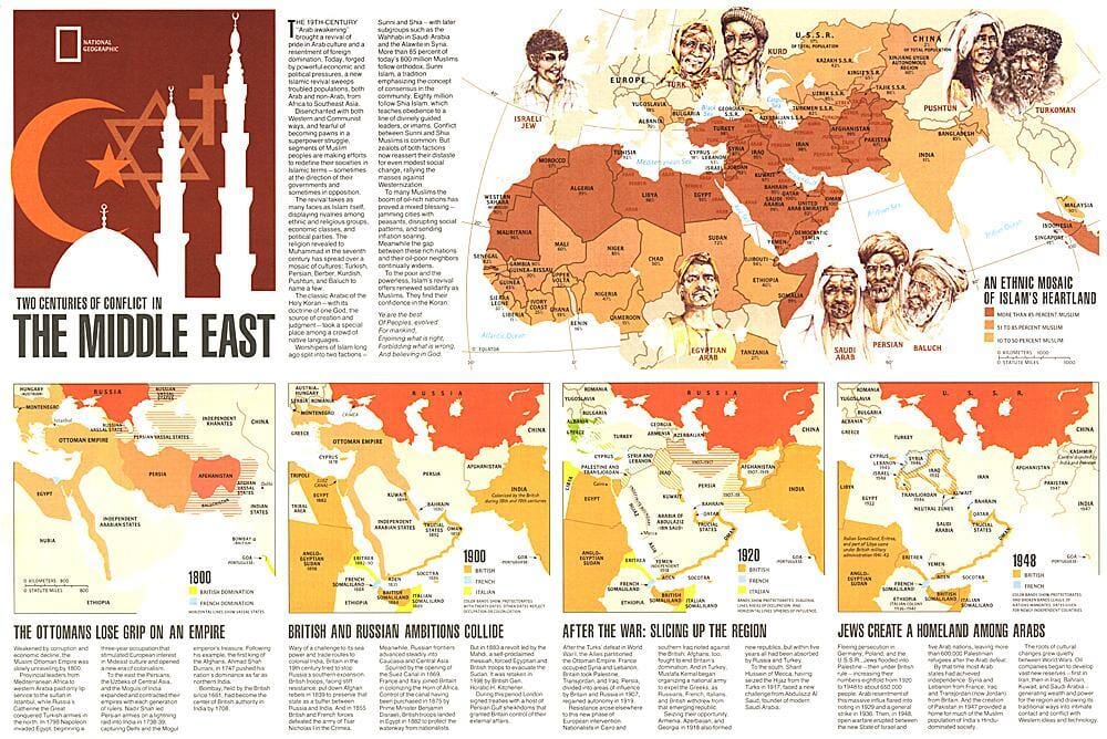 1980 Two Centuries of Conflict in the Middle East Map Wall Map