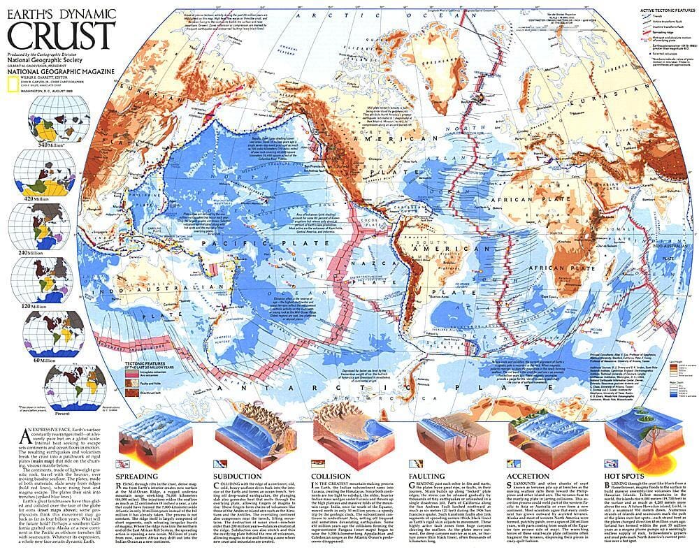1985 Earths Dynamic Crust Map Wall Map