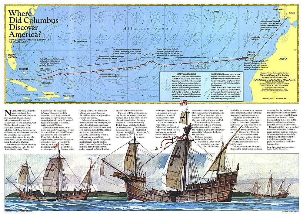 1986 Where Did Columbus Discover America? Map Wall Map