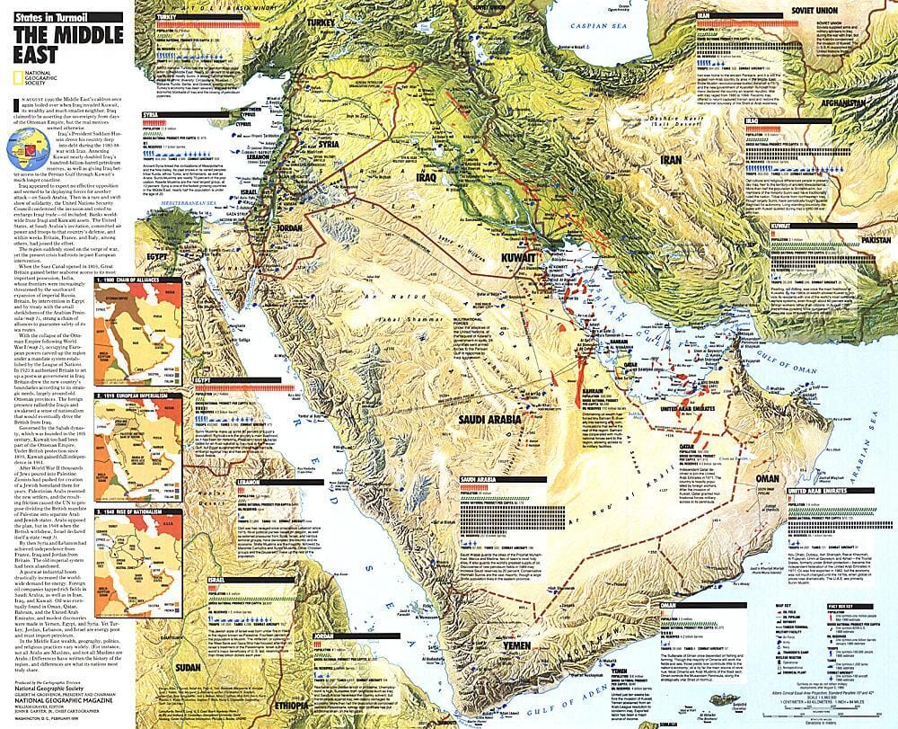 1991 Middle East, States in Turmoil Map Wall Map